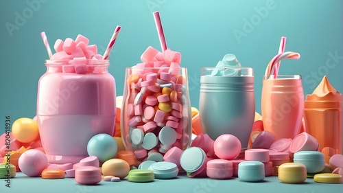 3d illustration of candy and beverages, stock photo, pastel colors, 3D illustration, candy, beverages, stock photo, pastel colors, sweets, drinks, dessert, sugary treats, pastel tones, 3D render, digi photo