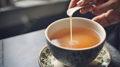 A cup of tea with milk being added. cup of tea, milk being added, tea with milk, pouring milk, tea preparation, hot beverage, milky tea, tea time, creamy tea, beverage, morning drink, tea and milk, 