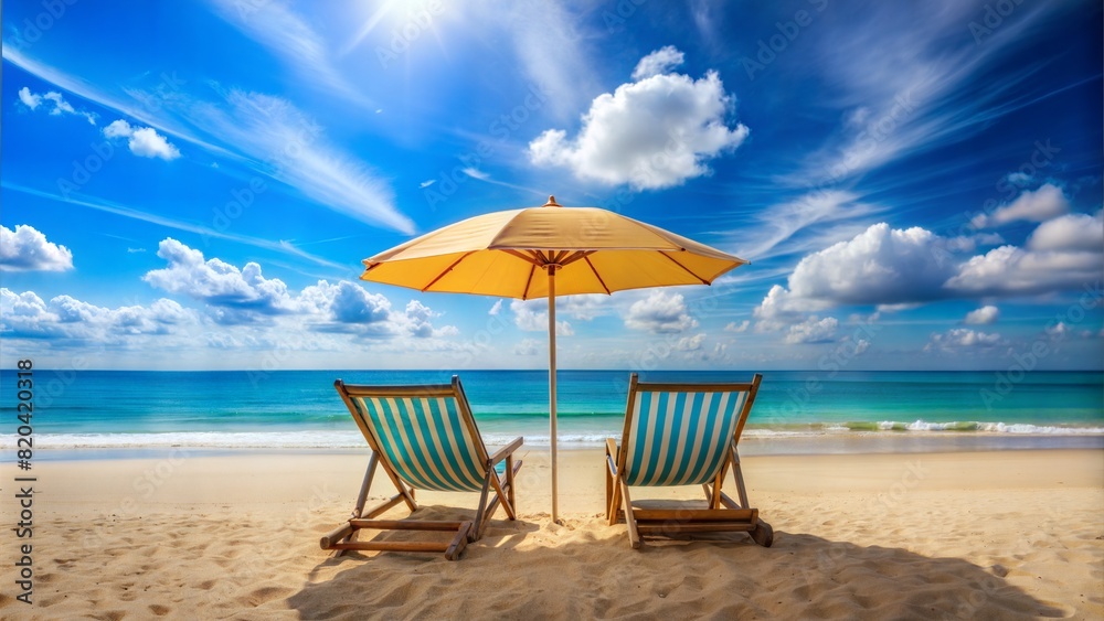 Beach scene with two beach chairs and an umbrella Summer vacation beach background