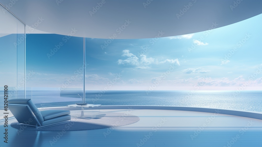 Fototapeta premium A modern living room with a large glass window looking out onto the ocean