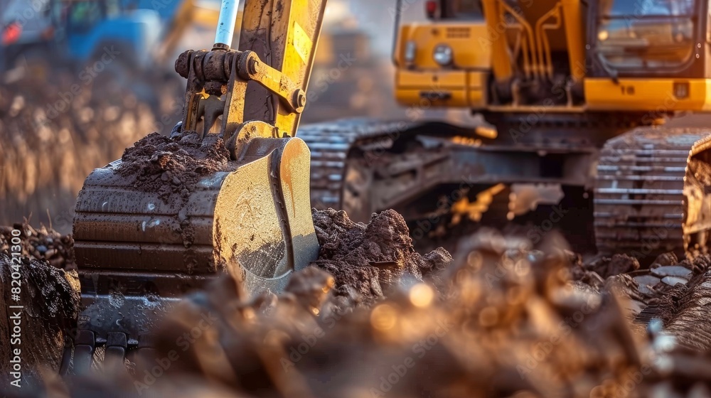 Close-up view of a powerful excavator digging and moving dirt at a construction site, showcasing heavy machinery and earth-moving operations in an industrial setting Close-up view of a powerful excavator digging and moving dirt at a construction site, showcasing heavy machinery and earth-moving operations in an industrial setting