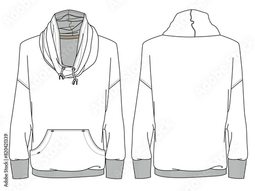 Women cowl neck hoodie front and back view flat drawing vector template