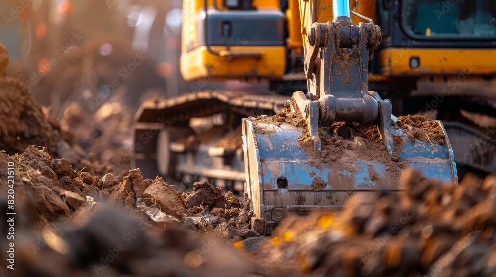 Close-up view of a powerful excavator digging and moving dirt at a construction site, showcasing heavy machinery and earth-moving operations in an industrial setting