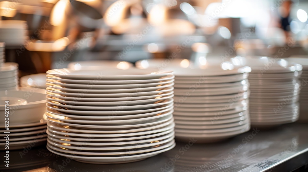 Cinematic side view of stacked white plates on an empty table with soft lighting, shallow depth of field, and soft focus, creating an elegant atmosphere highlighting food presentation Cinematic side view of stacked white plates on an empty table with soft lighting, shallow depth of field, and soft focus, creating an elegant atmosphere highlighting food presentation