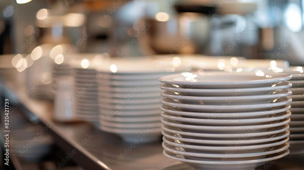 Cinematic side view of stacked white plates on an empty table with soft lighting, shallow depth of field, and soft focus, creating an elegant atmosphere highlighting food presentation