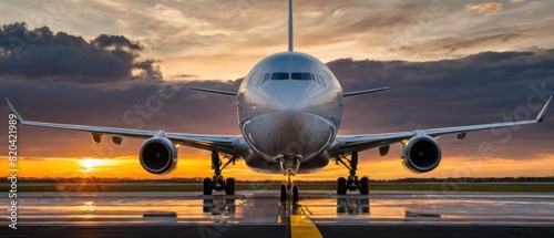 airplane on the runway at golden hour lighting sunset
