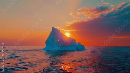 A large ice block floating in the ocean with the sun setting behind it photo