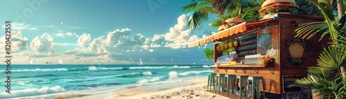 Beach shack bar with open air seating on a tropical beach with white sand and blue water.