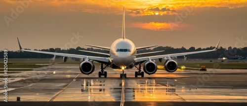 airplane on the runway at golden hour lighting sunset