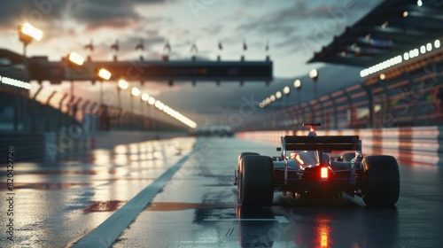 Formula 1 Race Car on Wet Track at Sunset photo