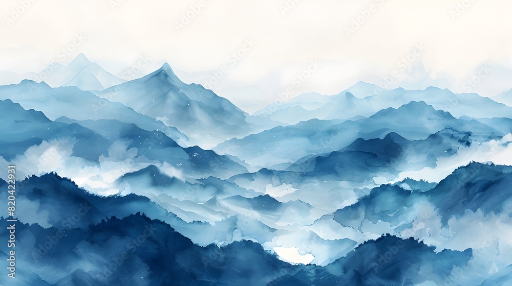 Cinematic Blue Mountain Landscape with Watercolor Texture for Luxury Wallpaper and Home Decor