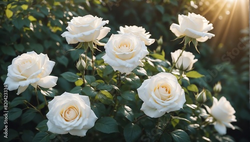 closeup of white roses flowers on garden with sunshine rays from Generative AI