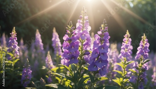 closeup of angelonia flowers on garden with sunshine rays from Generative AI photo