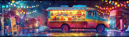 A food truck parked on a street at night photo