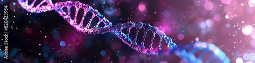 Abstract digital particles and DNA spiral on dark background, glowing pink blue holographic vector illustration.