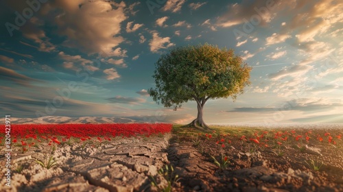 A tree is growing in a field of red flowers