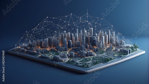 Wi-Fi network or smart city. Low-poly wireframe. constructing automation using an example of a computer board. alone against a deep blue backdrop. points and lines of Plexus. Network or smart city tha photo
