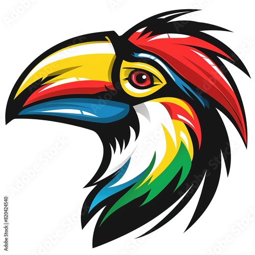 esport logo vector using buceros hornbill, color palette of red, yellow, blue, green, white and black, completely white background. © Salis