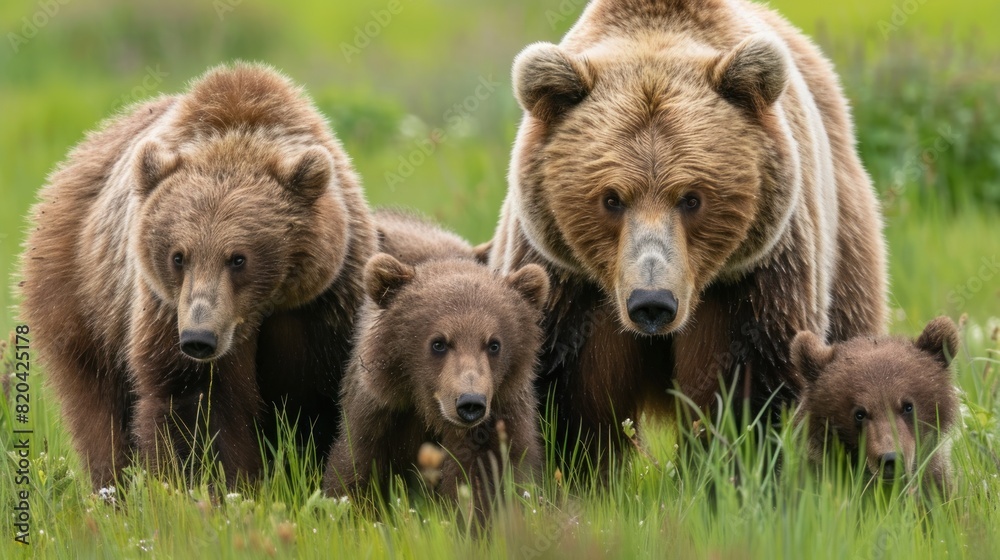 Fototapeta premium mother bear and cute baby bear, happy bear family,