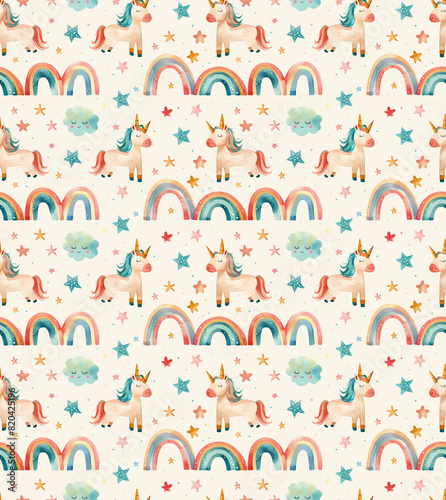 seamless pattern unicorns, rainbows aesthetics for young children Watercolor vintage illustrator. Ideal gor card, wallpaper or fabric,  packaging, invitation photo