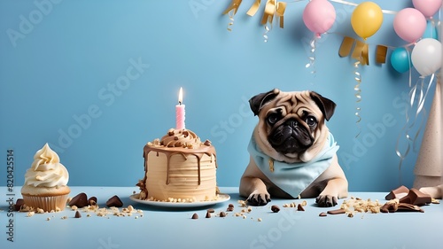 inventive template for a food animal. On a pastel blue backdrop, an avaricious pug drenched in icing cream devours a sloppy, enormous birthday chocolate vanilla cake. banner, magazine, and commercial. photo