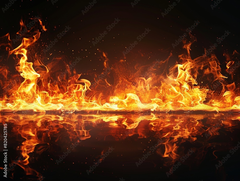 An illustration of a fire border on a burning black background. An illustration of a fire border on a burning black background.
