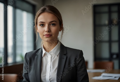 Young successful businesswoman at corporate office looking at camera.
