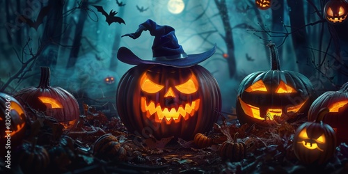 Jack O's lantern glows in the moonlight at night. Pumpkins burning in the forest at night in halloween. 