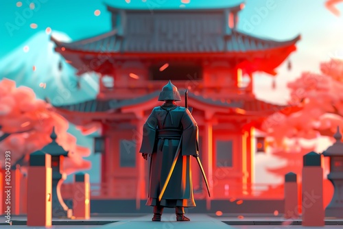 Ronin flat design side view theme feudal Japan 3D render Vivid