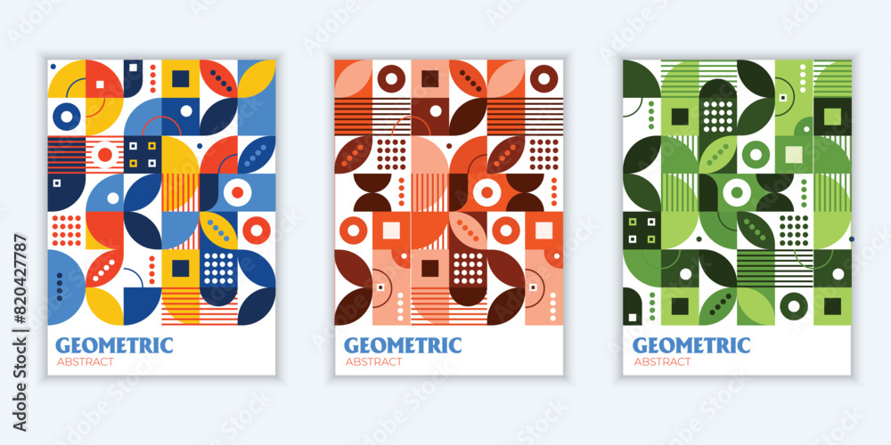 Color neo geo poster. Modern grid flyer with geometric shapes, geometry graphics and abstract background set. Geometry grid pattern banner vivid presentation illustration