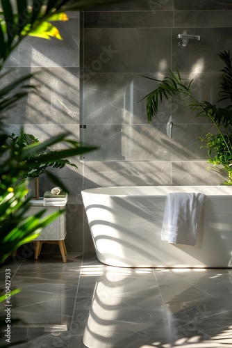 A luxurious modern bathroom with sun rays shining through the window, creating beautiful shadows on grey marble walls and floor tiles