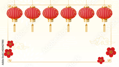 Chinese frame border decoration with Chinese lanterns hanging on traditional pattern background. Space for your text. Vector illustration.