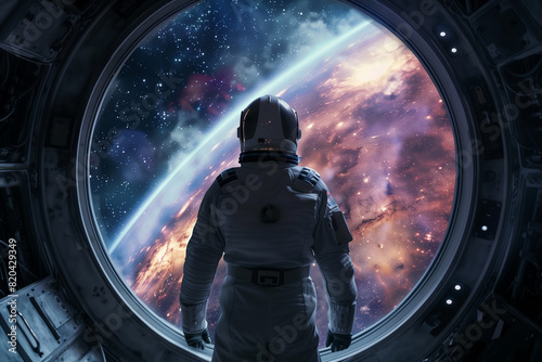 an astronaut stands inside the outer space of a ship, watching the stars in the photo