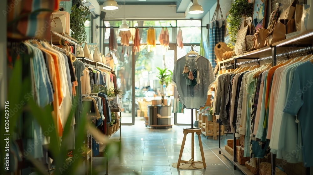 Naklejka premium Trendy boutique shop interior featuring stylish clothing racks, accessories, and vibrant decor.