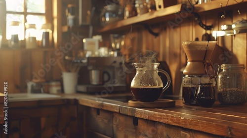 Warm farmhouse kitchen with coffee brewing in a glass pitcher on a wooden counter.