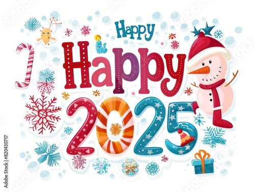 happy 2025 illustration with christmas elements on a white background 