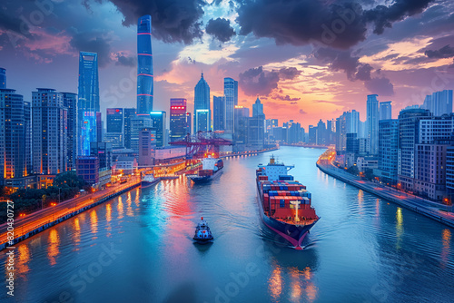 Generate an image of a shipping canal in a bustling metropolis, with modern skyscrapers towering over the waterway as large container ships pass by, showcasing the vibrant energy of urban commerce photo
