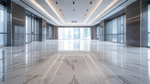 commercial office building empty interior with white marble floor, very clean and minimal look 