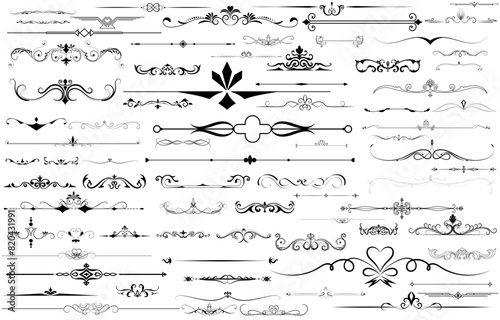 Set of vintage dividers Text dividers. Card decoration. Black lines. Swirls or scrolls, vintage frames, flourishes, labels and dividers. Retro style.