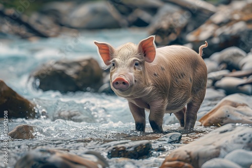 a cute pig on the bank of a river flowing over rocks