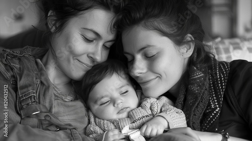 Tender lesbian moms and their baby daughter enjoying a cuddly nap together, age 1, Leica Q3 photography, Midjourney photo