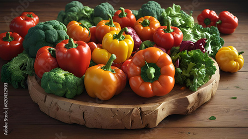 Vibrant Vegetable Display on a Wooden Platter, Colorful Vegetable Arrangement, Vegetable Display  photo