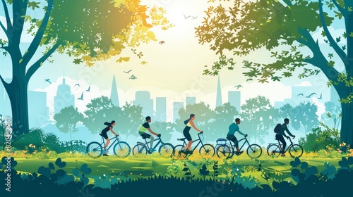 Health and Fitness: Depict a healthy lifestyle with people engaging in various fitness activities like running, yoga, and cycling in a park.