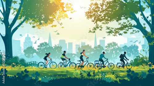 Health and Fitness: Depict a healthy lifestyle with people engaging in various fitness activities like running, yoga, and cycling in a park. photo