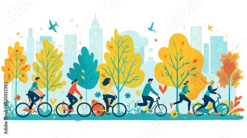Health and Fitness: Depict a healthy lifestyle with people engaging in various fitness activities like running, yoga, and cycling in a park. photo