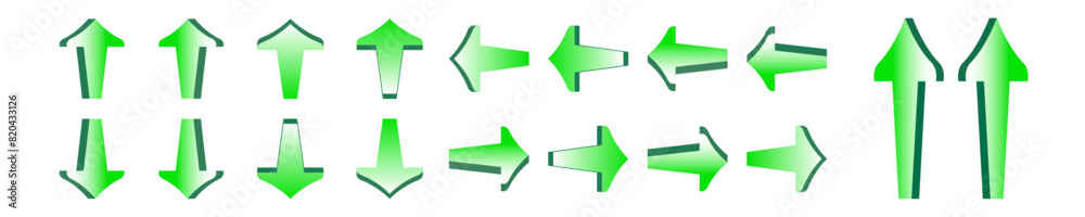arrows 3d green icon. arrow sign three dimensional shape with left, right, up, and down direction of true stright symbol. isolated on white background. full curve on head. narrow on tail with gradient arrows 3d green icon. arrow sign three dimensional shape with left, right, up, and down direction of true stright symbol. isolated on white background. full curve on head. narrow on tail with gradient
