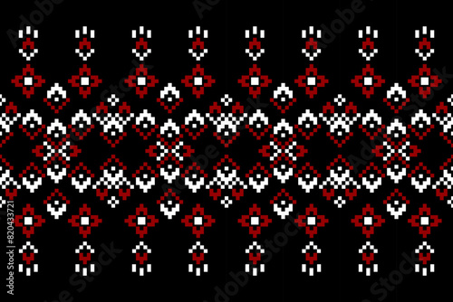 Pixel ethnic pattern, Vector embroidery pattern background, Geometric traditional triangle style, Blue and orange pattern knitting vintage, Design for textile, fabric, batik, kaftan, fibres