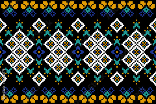 Pixel ethnic pattern, Vector embroidery pattern background, Geometric traditional triangle style, Blue and orange pattern knitting vintage, Design for textile, fabric, batik, kaftan, fibres
