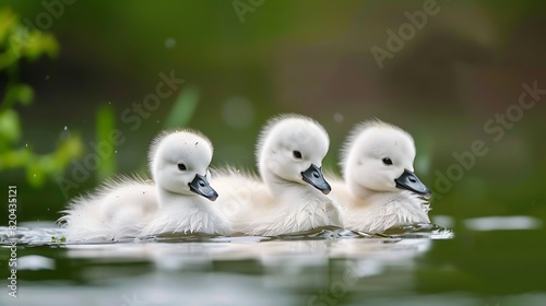 Adorable baby swans paddling clumsily on a pond, their fluffy feathers and graceful necks making them endearing.