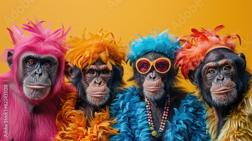 Group of monkeys in strange clothes Mismatched colorful clothes isolated on bright background advertising, copy space birthday party invitation invitation banner